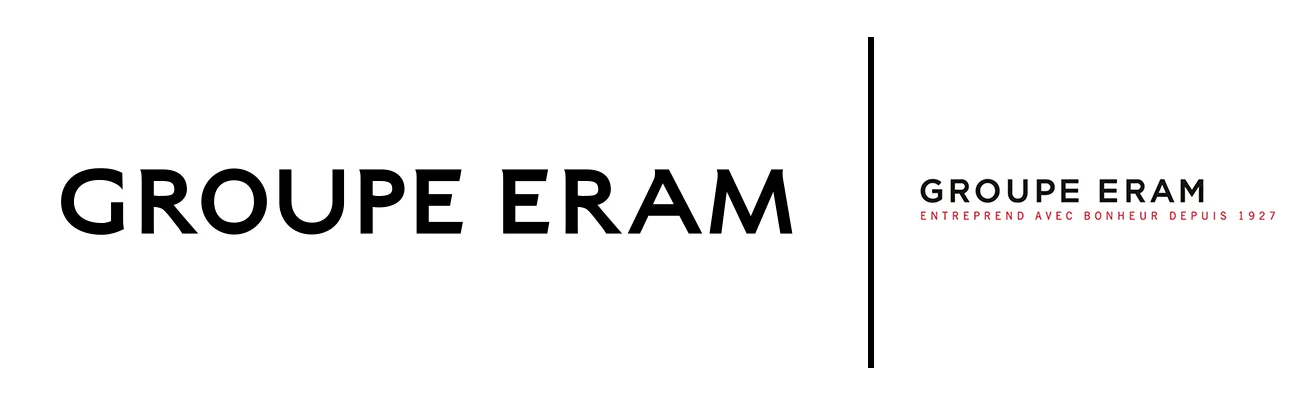 Nouveau logo Groupe Eram à côté de l'ancien avec la signature Entreprend avec bonheur depuis 1927