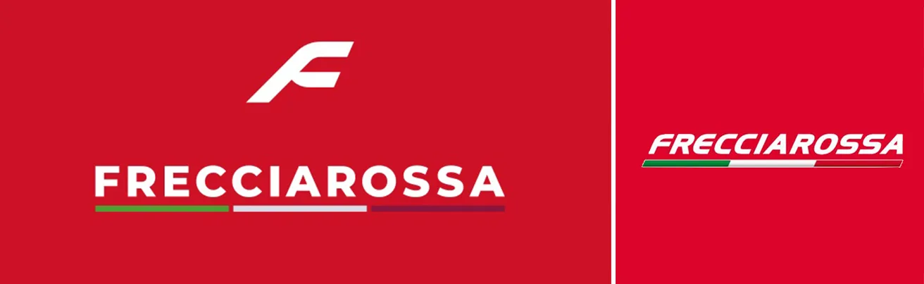 Nouveau logo Frecciarossa avec un F incliné blanc sur fond rouge, à côté de l'ancien logo