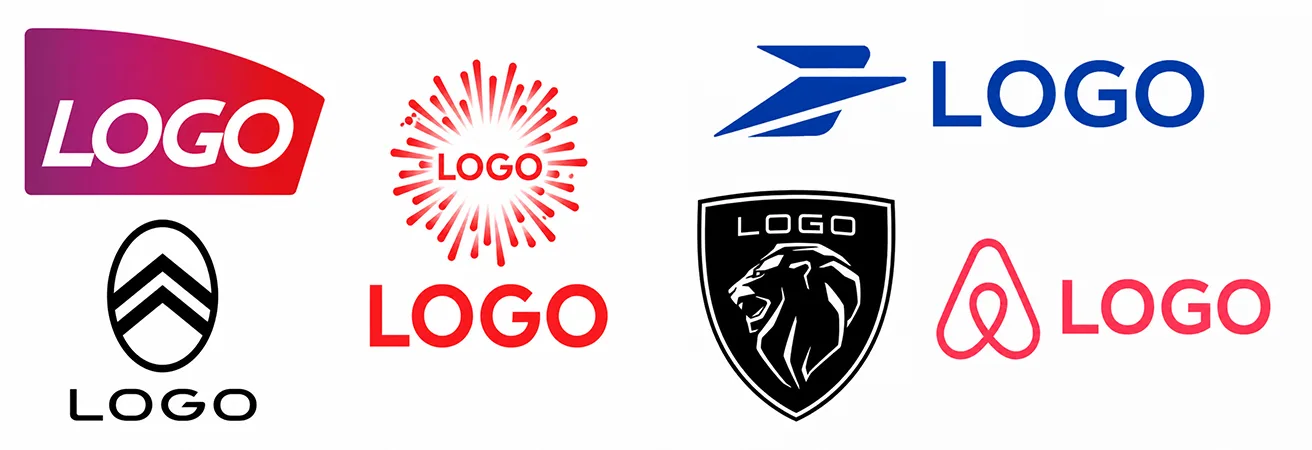 Logos célèbres de Citroën, Peugeot, Airbnb ou La Poste dont le nom est remplacé par LOGO