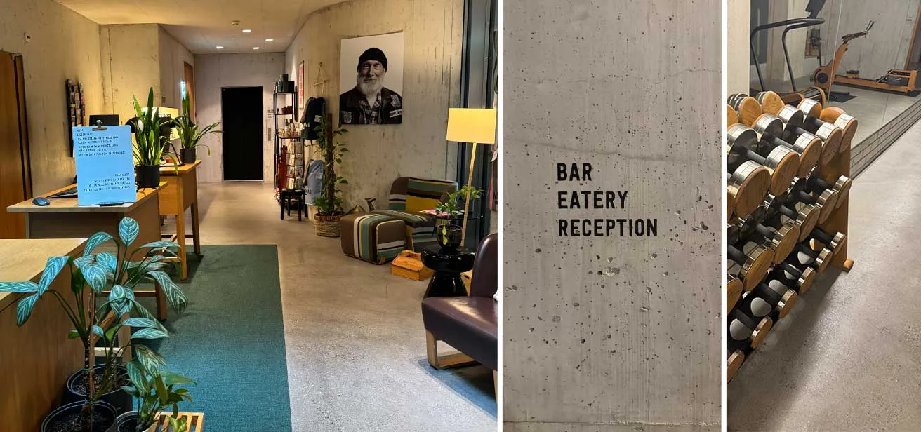 Hall de l'hôtel Nomad à Bâle en béton et bois, inscription Bar Eatery Reception et salle de sport