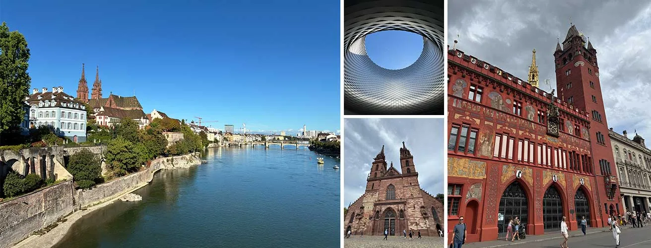 Le Rhin à Bâle, la cathédrale en grès rouge, l'oculus du Messeplatz et l'hôtel de ville rouge