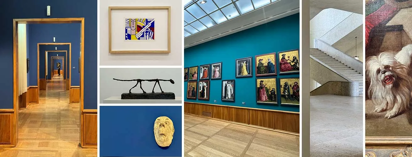 Salles et œuvres du Kunstmuseum Basel : enfilade bleue, sculpture de chien, mur de tableaux, escalier