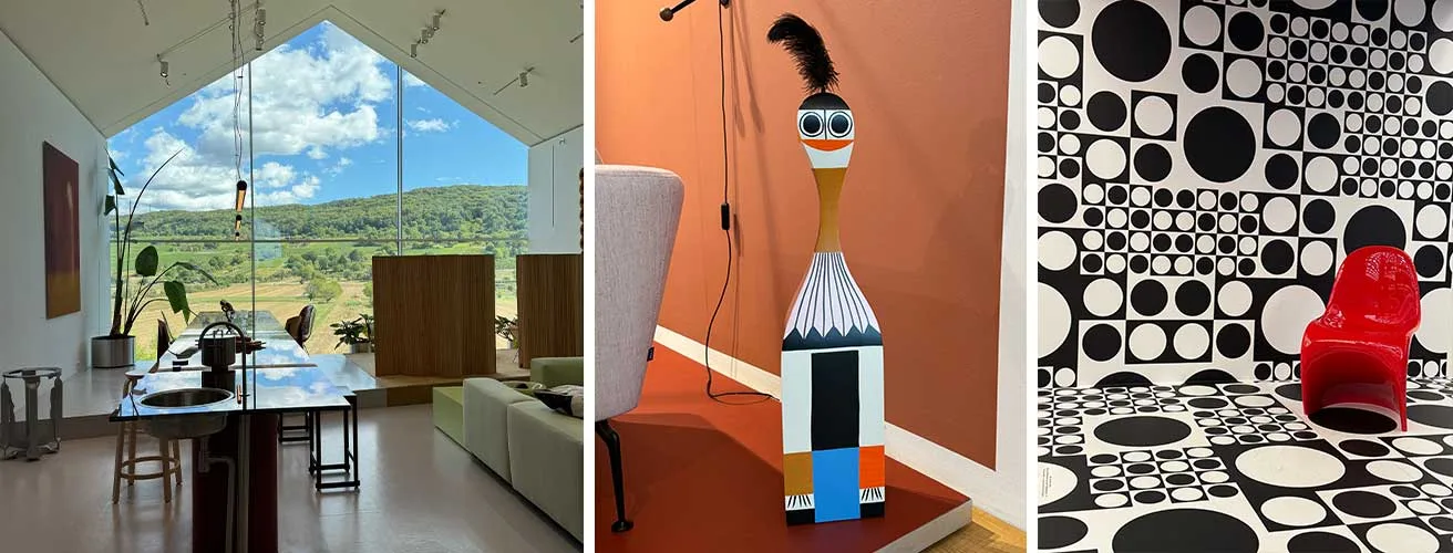 Vitra à côté de Bâle : salon vitré face aux collines, poupée en bois et pièce à motifs noirs et blancs